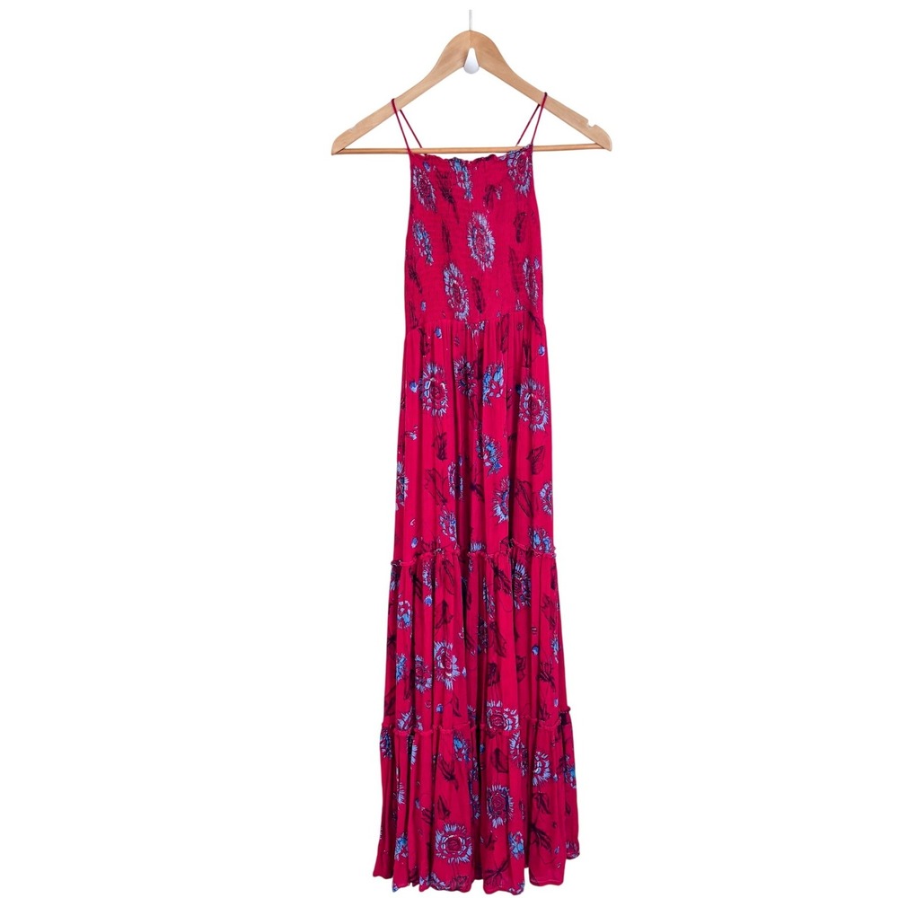 Free People Garden Party Tiered Smocked Maxi Dress Size S Red Boho Floral Flowy - Picture 2 of 10